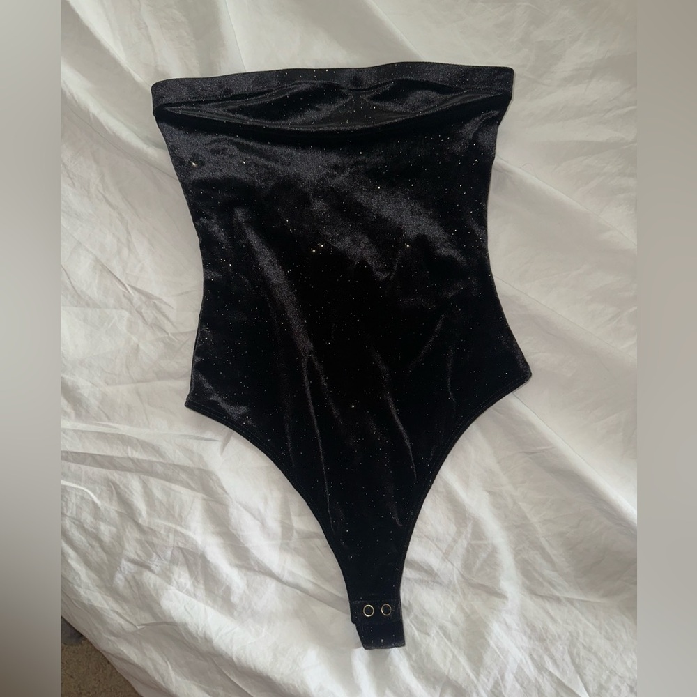 Black sparkly tube top bodysuit